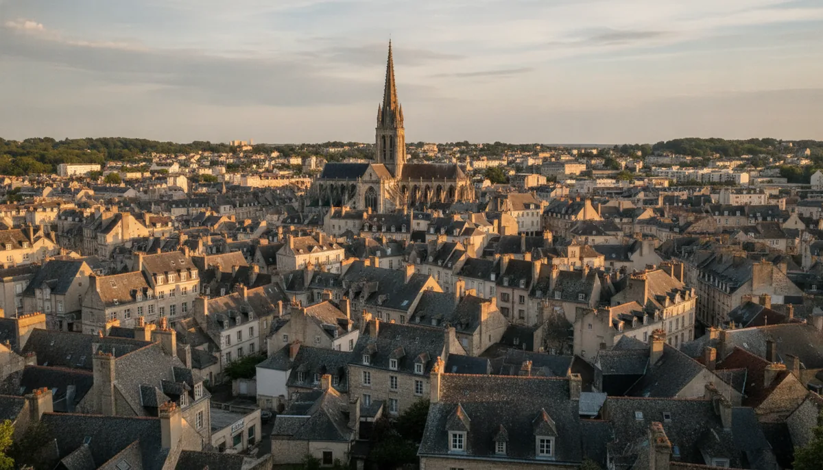 Toits de Rouen vus depuis les hauteurs, avec la cathédrale en arrière-plan