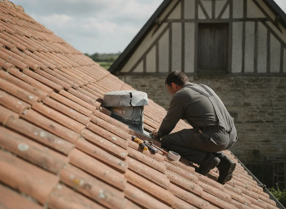 Couvreur inspectant une sortie de toiture à l’origine d’une infiltration dans l’agglomération rouennaise
