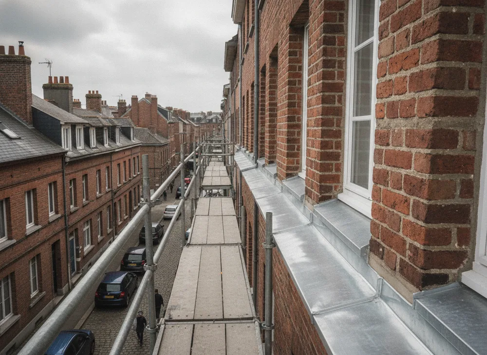 Chéneau en zinc refait sur une rangée de maisons de brique du Petit-Quevilly